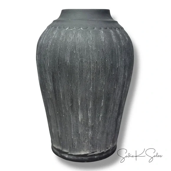 Magnolia Scalloped Black Vase - Large - Distressed Finish, Ceramic